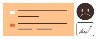 İki seçeneği olan geri bildirim formu, tatminsizliği temsil eden üzgün yüz ifadesi ve imza engeli. Müşteri hizmetleri, geri bildirim, şikayet, değerlendirme, iletişim için ideal