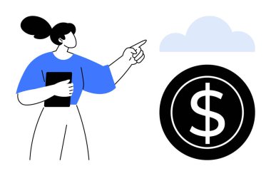 Tablet tutan kadın, doların üstündeki bulutlara işaret ederek teknoloji, finans ve stratejiyi vurguluyor. Dijital ekonomi, tasarruflar, bulut depolama, hedefler için fintech bütçesi için ideal