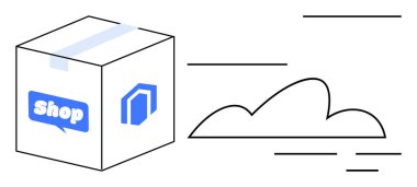 E-ticaret simgeleri ve hız aktaran hareket çizgileri ile etiketlenmiş nakliye kutusu. Arka planda bulut çizgisi. Teslimat, lojistik, bulut depolama, e-ticaret, online alışveriş, hızlı servis için ideal