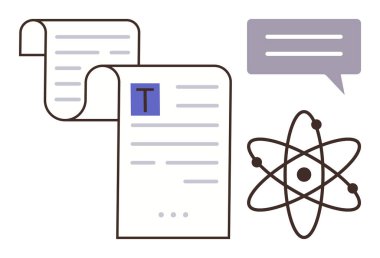 Bilimsel metinler, konuşma baloncukları ve atomik model bilgi paylaşımını ve bilim fikirlerini vurguluyor. Eğitim, araştırma, yenilik, iletişim, bilgi paylaşımı ve öğrenim için ideal