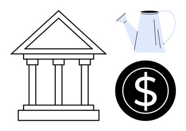 Kurumları temsil eden sütunlar, bakımı sağlayan teneke kutular ve finans için bir dolar. Yatırım, finansman, ekonomi, tasarruf, büyüme finansal kavramlarını desteklemek için idealdir. Basit düz