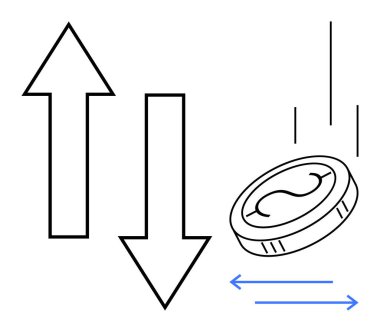 Yukarıyı ve aşağıyı gösteren oklar düşen para ve mavi yönlü çizgiler ile eşleştiriliyor. Finans, borsa, ekonomik eğilimler, yatırımlar, karlılık, risk, basit düz metafor