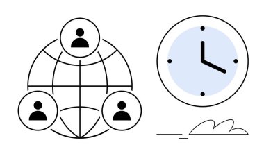 Bir küre ve saat aracılığıyla birbirine bağlı bireyler ağı işbirliğini, küresel erişimi ve verimliliği sembolize eder. Takım çalışması, takvim, üretkenlik, uzak çalışma, küreselleşme, strateji için ideal