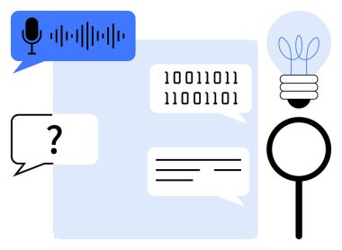 Konuşma dalgaları, ikili kod, sohbet baloncukları, ampul ve büyüteç. Teknoloji, yapay zeka, yenilik problem çözme iletişim yaratıcılığı analitik düşünce için idealdir. Basit bir daire.