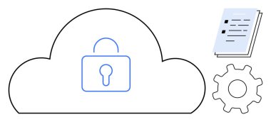 Kilitli bulut güvenli verileri gösteriyor, depolanmış bilgileri gösteren bir yığın belge, işlem için teçhizat. Siber güvenlik, bulut depolama, veri gizliliği, sistem güvenliği, dosya yönetimi, bilişim için ideal