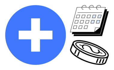 Mavi tıbbi haç, takvimi simgeleyen takvim ve maddi yönleri temsil eden para. Sağlık sigortası, mali planlama, sağlık erişilebilirliği, bütçe yönetimi, tıbbi danışmanlık için ideal