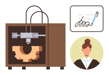 3D yazıcı malzemesi, kalem sembolü ve iş kadını portresi ile imzalanmış bir anlaşma. Teknoloji, yenilik, mühendislik, sözleşmeler, takım çalışması, tasarım dijital imalat için ideal