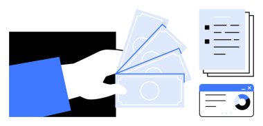 Yığılmış kağıtlar ve grafiksel dijital raporla birlikte nakit para teklif ediyorlar. Finans, ödeme, iş, yatırım, muhasebe, bütçe ve analitik için ideal. Basit düz metafor