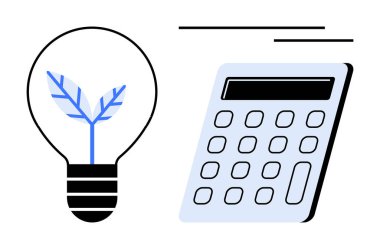 Verimliliği, mantığı ve stratejiyi temsil eden bir hesap makinesinin yanında ekolojik fikirleri sembolize eden yapraklı ampul. Sürdürülebilirlik, bütçe, finans, yenilik, yeşil enerji, basit planlama için ideal