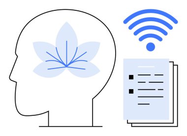 Çiçekli insan profili farkındalığı çağrıştırır, kablosuz bağlantı simgeler, kağıtlar öğrenmeyi simgeler. Ruh sağlığı, eğitim, dijital dönüşüm, kişisel bakım ve bilgi paylaşımı için ideal