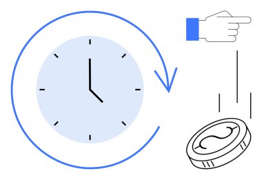 Zaman akışını, işaret eden eli ve düşen bozuk parayı gösteren saat seçenekleri, zaman değerini ve yatırımı temsil ediyor. Zaman, kararlar, finans, fırsat üretkenlik planı için ideal