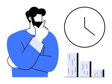 Düşünceli, sakallı bir adam, saati gösteren bir saat, ve gelişmeyi gösteren bir çizelge. Zaman yönetimi, üretkenlik, karar verme, işletme, strateji, analitik büyüme için ideal