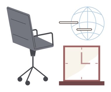 Gri ofis koltuğu, analog saat ve küre çizgileri organizasyonu, iş-yaşam dengesini, dijital bağlantıyı akla getiriyor. İş için ideal, uzak çalışma, üretkenlik, takım çalışması akışı zamanlaması