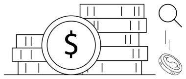 Birikmiş madeni paralar, bir büyüteç ve finans, yatırım, bütçe, tasarruf, finansal planlama, ekonomik büyüme ve zenginliği resmeden düşen bir madeni para. Basit bir düz metafor için ideal.