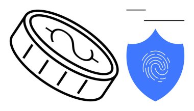 Dolar işaretli sikke, içinde parmak izi olan mavi bir kalkanın yanında duruyor. Güvenli finansal işlemleri sembolize ediyor. Ödeme güvenliği, finans, dijital cüzdanlar, teknoloji ve siber için ideal