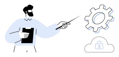 Pano tutan ve vitese işaret eden bir adam. Asma kilitli bulut ikonu güvenliği vurguluyor. Teknoloji, siber güvenlik, veri koruması, bilişim hizmetleri, eğitim, yazılım eğitimi için ideal