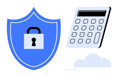 Hesap makinesi ve bulutun yanında kilit sembolü olan mavi kalkan veri güvenliği, finans ve teknolojiyi temsil ediyor. Siber güvenlik, çevrimiçi bankacılık, finans, bulut hesaplama, fintech için ideal