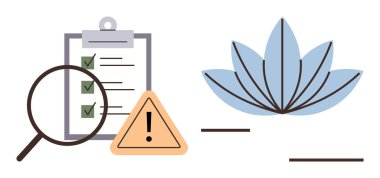 Listedeki mavi nilüfer çiçeğinin yanında uyarı işareti olan büyüteç. Risk analizi, farkındalık, güvenlik protokolleri, görev öncelikleri, kalite kontrolü, sağlık farkındalığı ve denge için ideal