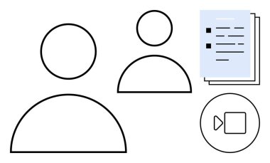 Kullanıcı avatarları, belgeler ve bir video çağrı simgesi takım çalışmasını, iletişimi ve uzaktan etkileşimi sembolize eder. Takım çalışması, uzaktan çalışma, iletişim, çevrimiçi öğrenim ağı konferansı için ideal