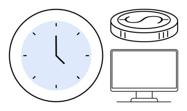 Saat, bilgisayar monitörü ve para, zamanı, üretkenliği, dijital çalışmayı, tasarrufu ve verimliliği vurguluyor. Dijital ekonomiyi planlayan organizasyon ve iş-yaşam dengesi görevleri için ideal