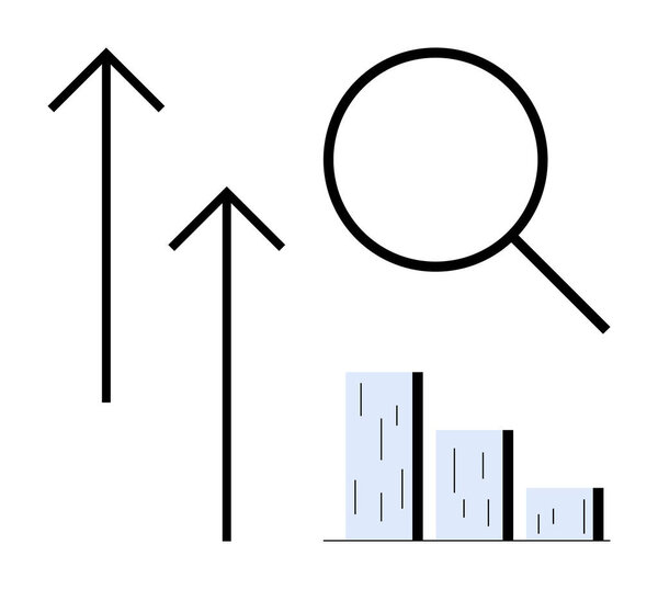 Три стрелки вверх, увеличительное стекло, столбчатая диаграмма, выделяющая анализ, рост и успех. Идеально подходит для бизнес-прогресса, тенденций данных, стратегии, возможностей достижения целей простая плоская метафора