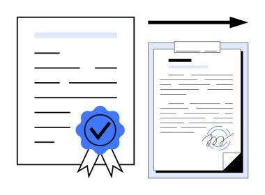 Mavi sertifika rozeti ve işaretli resmi belge, panoda imzalı kağıt, transfer için sağ ok. Sertifika, belge, sözleşme, onay, imza, süreç için ideal