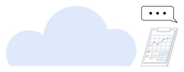 Metin baloncuklu bulut simgesi ve analitik grafiği gösteren pano. Teknoloji için ideal, bulut hesaplama, iletişim, veri paylaşımı, büyüme, üretkenlik, görsel öğrenme. Basit düz metafor