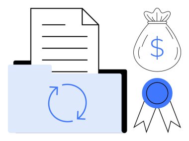 Dosyayı, belge, tazeleme oku, dolar çantası ve madalya kurdelesi ile aç. Finans, süreç iyileştirme, sertifika, tasarruf, muhasebe sözleşmesi ve yönetim için ideal. Basit düz metafor