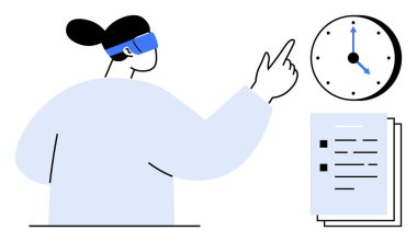 Yanında belgelerle birlikte saati gösteren VR kulaklık takan bir kadın. Fütüristik planlama, üretkenlik, zaman yönetimi, yenilik, teknoloji, iş çözümleri için ideal, basit düz metafor