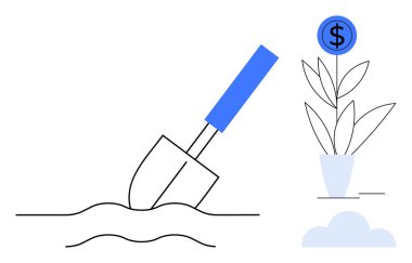 Bir dolar işareti ile sembolik finansal yapraklar yetiştiren saksı bitkisinin yakınındaki toprağı kazın. Yatırım, tasarruf, sürdürülebilirlik, büyüme, zenginlik, finansal planlama, fırsat için idealdir. Basit.