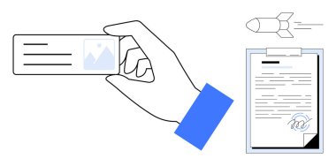 El ele tutuşan kimlik kartı, imzalı belge, uçan roket sinyali ve doğrulama. Kimlik, sözleşmeler, başarı, anlaşma, güvenlik yeniliği kişisel veriler için idealdir. Temiz