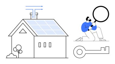 Güneş panelli ev hava akışı, büyüteçle analiz eden kişi ve anahtar sembol. Yenilenebilir enerji, güvenlik, teftiş, sürdürülebilirlik, konut, eko-yaşam erişimi için ideal