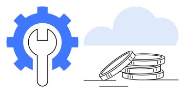 Bozuk paraların yanında ingiliz anahtarı ve teknoloji, mekanik ve finansal sistemler için bulut. Yenilik, gelişme, otomasyon, ekonomi, bulut hesaplama, fintech basit düz metafor için ideal