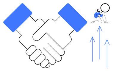 İşbirliğini simgeleyen iki el, büyümeyi temsil eden mavi oklar ve verileri analiz eden bir kişi. Takım çalışması, iş ilişkileri, başarı, strateji, ilerleme, işbirliği için ideal