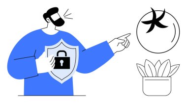 Kilit sembollü mavi bir kalkan takan adam, saksı bitkisinin yanındaki soyut dairesel elementi işaret ediyor. Güvenlik, koruma, güvenlik, mahremiyet, güven, strateji, basit düz metafor