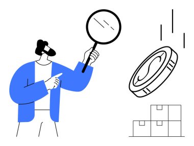 Elinde büyüteç tutan kişi, düşen bir madeni parayı inceliyor. Kutular yakına yığıldı. Finans, yatırım, denetim, analiz, ticaret piyasası araştırma kararları için idealdir. Minimalist düz metafor