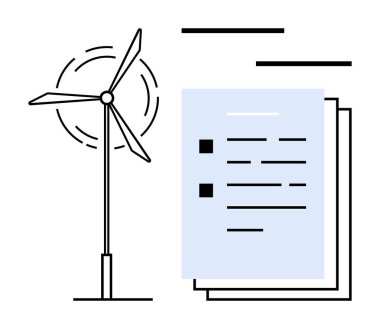 Rüzgar türbini, planlama, sürdürülebilirlik ve yenilenebilir enerji yönetimini temsil eden yapılandırılmış belgelerle birlikte. Enerji, sürdürülebilirlik, ekoloji, temiz güç, belgeler, planlama için ideal