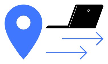 Önünde iki ok olan bir dizüstü bilgisayarın yanındaki mavi lobut. Navigasyon, teknoloji, iletişim, yer belirleme, uzaktan çalışma, hareketlilik, veri akışı için ideal. Basit bir düz metafor.