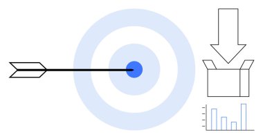 Kesinlik için bir hedefi delen ok, hareket için kutuyu gösteren ok, veri gösteren çubuk çizelgesi. Doğruluk, odaklanma, strateji, hedef başarısı, veri analizi performansı için idealdir. A
