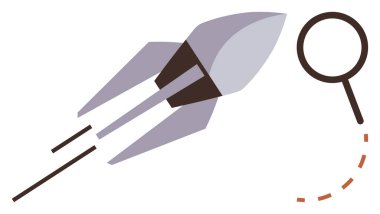 Roket, çarpık yörüngesi, yeniliği, keşfi, araştırmayı, iş büyümesini, analitiği ve bilimsel ilerlemeyi simgeleyen bir büyütece doğru ilerliyor. Basit.