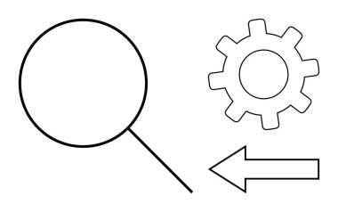Büyüteç, çark ve ok işaretleme keşifleri, ayarlar ve karar verme mekanizması. Arama, analiz, iş akışı navigasyon optimizasyon stratejisi için ideal. Basit düz