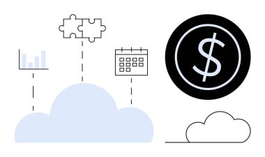 Bulut çubuk grafiğini, bulmaca parçasını, takvimi ve dolar işaretini birbirine bağlar. Takım çalışması, finans, organizasyon, bulut evlat edinme verileri görselleştirme verileri üretkenliği için idealdir. Basit düz metafor