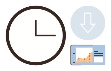 Saat yüzü, aşağı doğru ok ve artan eğri ile grafik zaman verimliliği, optimizasyon ve sonuçları vurguluyor. Üretkenlik, yönetim, ilerleme izleme, analiz çalışma akışı dijital için ideal