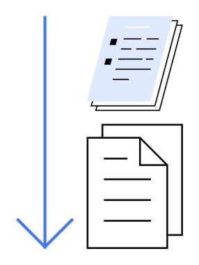 Yığılmış kağıtların düzenli sayfalara dönüştürüldüğünü gösteren aşağı doğru ok. Veri transferi, dijital dönüşüm, dosya optimizasyonu, iletişim, organizasyon, iş akışı için ideal