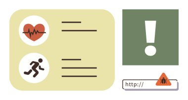 Kalp atışı ve egzersiz veri simgeleri, URL kutusundaki ünlem ve kötü amaçlı yazılım uyarısıyla birlikte sağlık takibini vurguluyor. Sağlık teknolojisi, fitness, çevrimiçi güvenlik, tıbbi uyarı ve risk için ideal