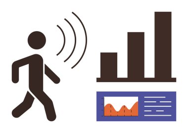 Çubuk grafiğinin ve grafik analiz panelinin yanında ses dalgaları yayan biri. Teknoloji, veri takibi, ses analizi, iletişim, iş büyümesi, raporlama için ideal, basit düz metafor