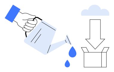 El sulama, sürahi, mavi damlalar, açık bir kutuyu işaret eden ok, yukarıdaki bulut. Büyüme, yaratıcılık, verimlilik, kaynak yönetimi, bulut depolama yeniliği için ideal basit düz metafor