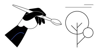 Siyah el bir boya fırçası tutuyor geometrik şekiller ve temiz çizgiler kullanarak minimalist bir ağaç oluşturuyor. Yaratıcılık, sanat, tasarım, ilham, yenilik, doğa ve basitlik temaları için idealdir. Düz