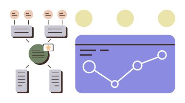 Bağlı düğümlerin ve metin kutularının akış şeması çizgi grafik analizli bir istatistiksel panele yönlendiriyor. Veri analizi, iş akışı, süreç yönetimi, proje planlaması, istatistik için ideal