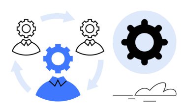Ekip üyelerinin siluetleri üzerindeki vites şekilleri iş akışını, işbirliği ve yenilikleri gösteren bir döngü oluşturur. Takım çalışması, üretkenlik, proje planlaması, süreçler, sistem yönetimi ve insan için ideal